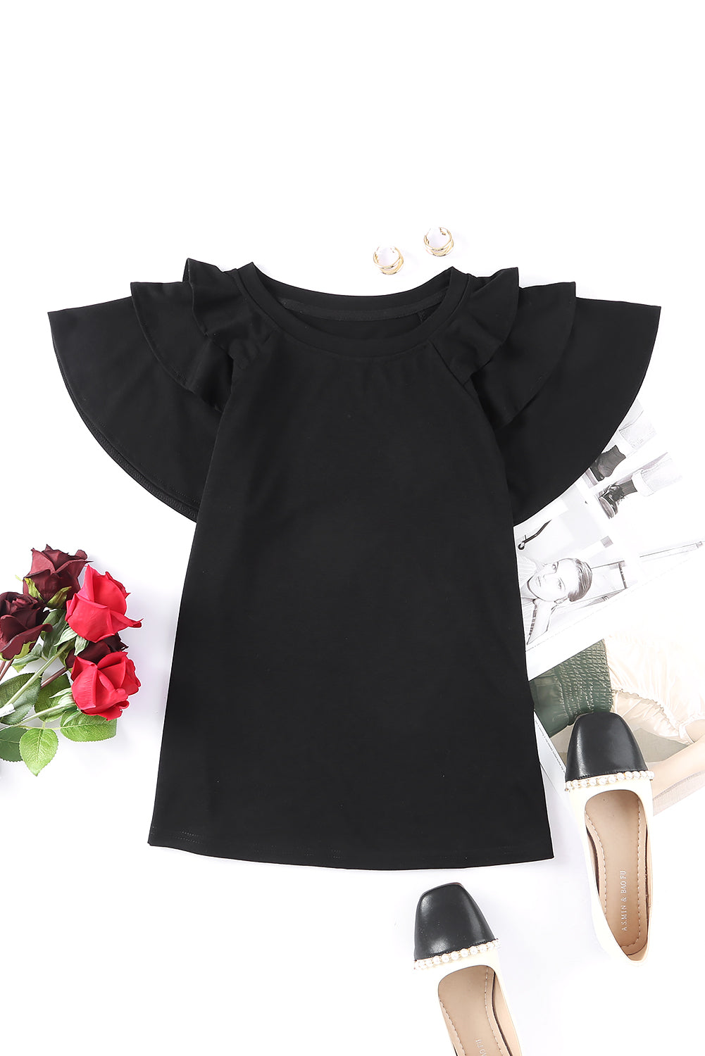 Black Plain Tiered Ruffled Short Sleeve T Shirt