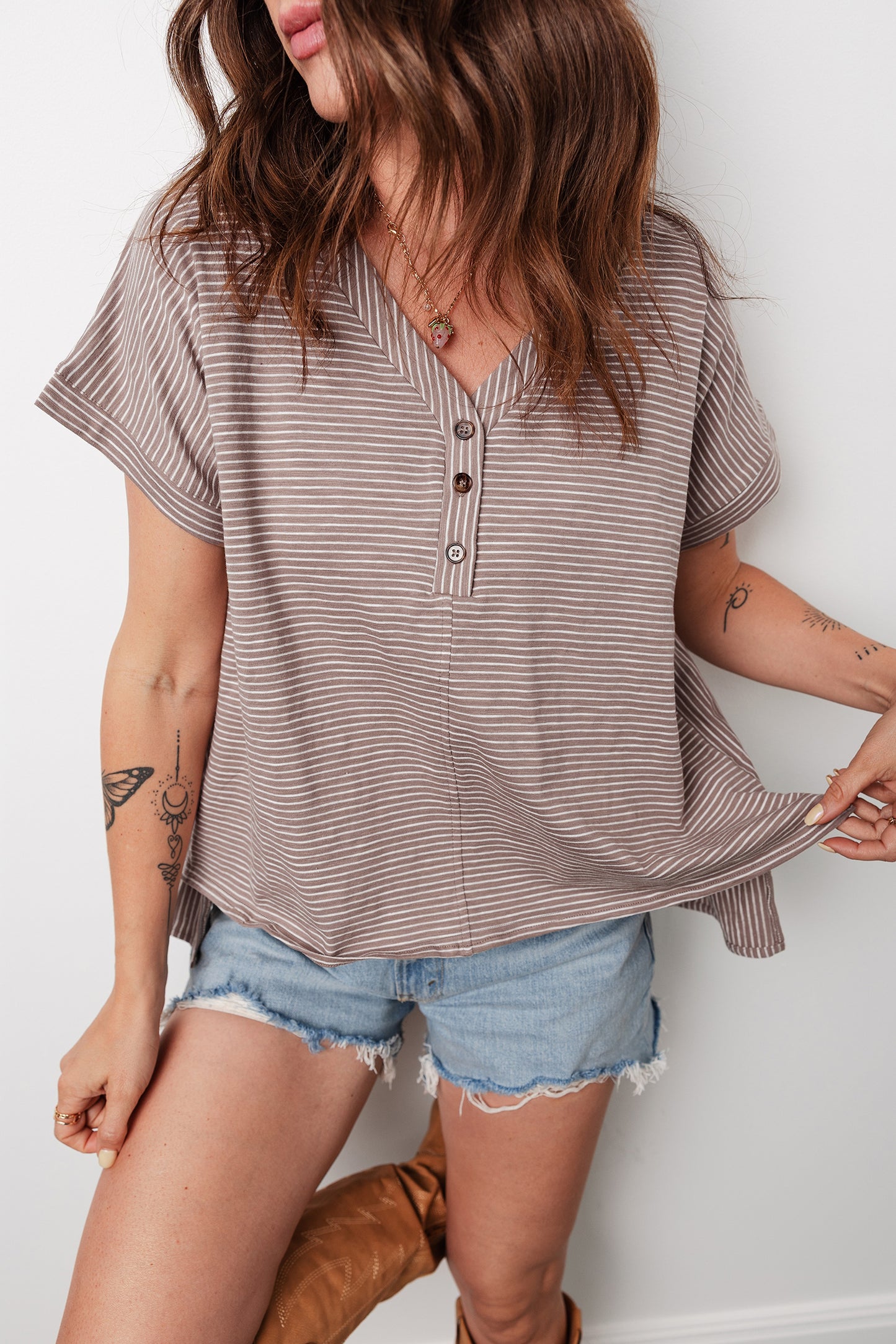 Khaki Stripe Buttoned V Neck High Low Side Slit T Shirt