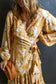 V Neck Wrap Lace up Bubble Sleeve Yellow Floral Dress