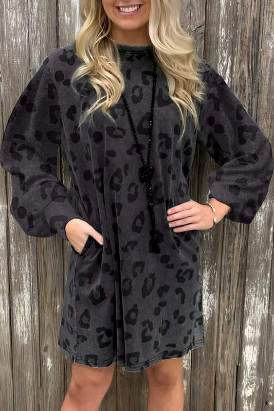 Gray Leopard Pocketed Puff Sleeve Mini Dress