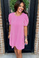 Parchment Corded Knit Crew Neck Puff Sleeve Shift Mini Dress