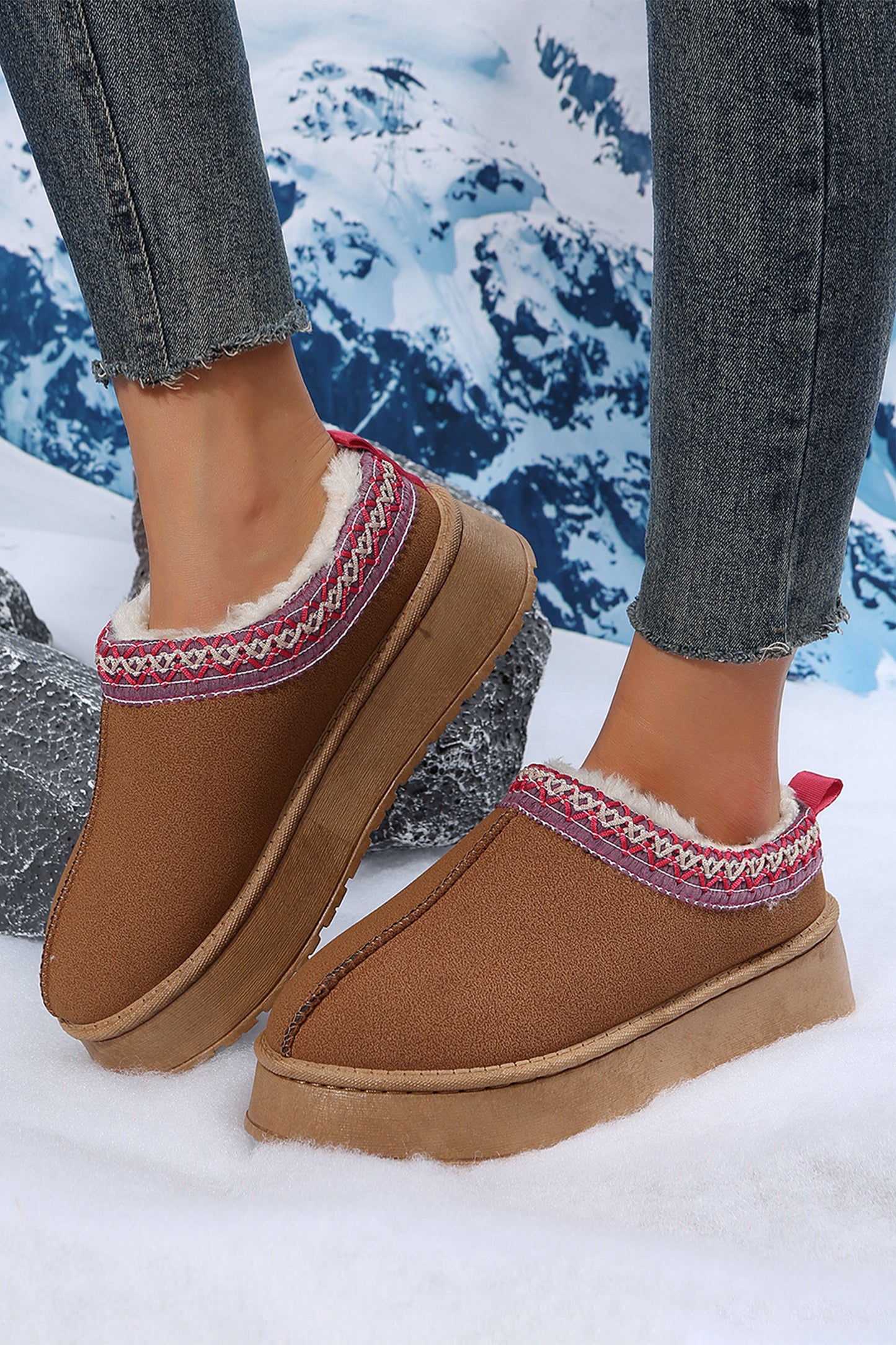 Chestnut Suede Contrast Print Round Toe Plush Lined Flats