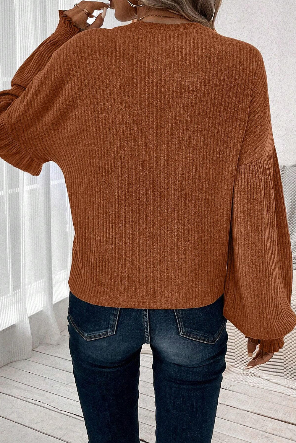 Chestnut Ribbed Knit Drop Shoulder Ruffled Sleeve Top