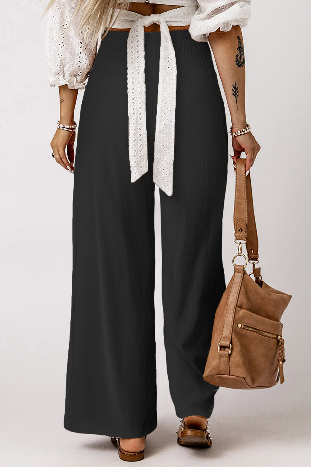 Smocked Wide Waistband High Waist Wide Leg Black Pants