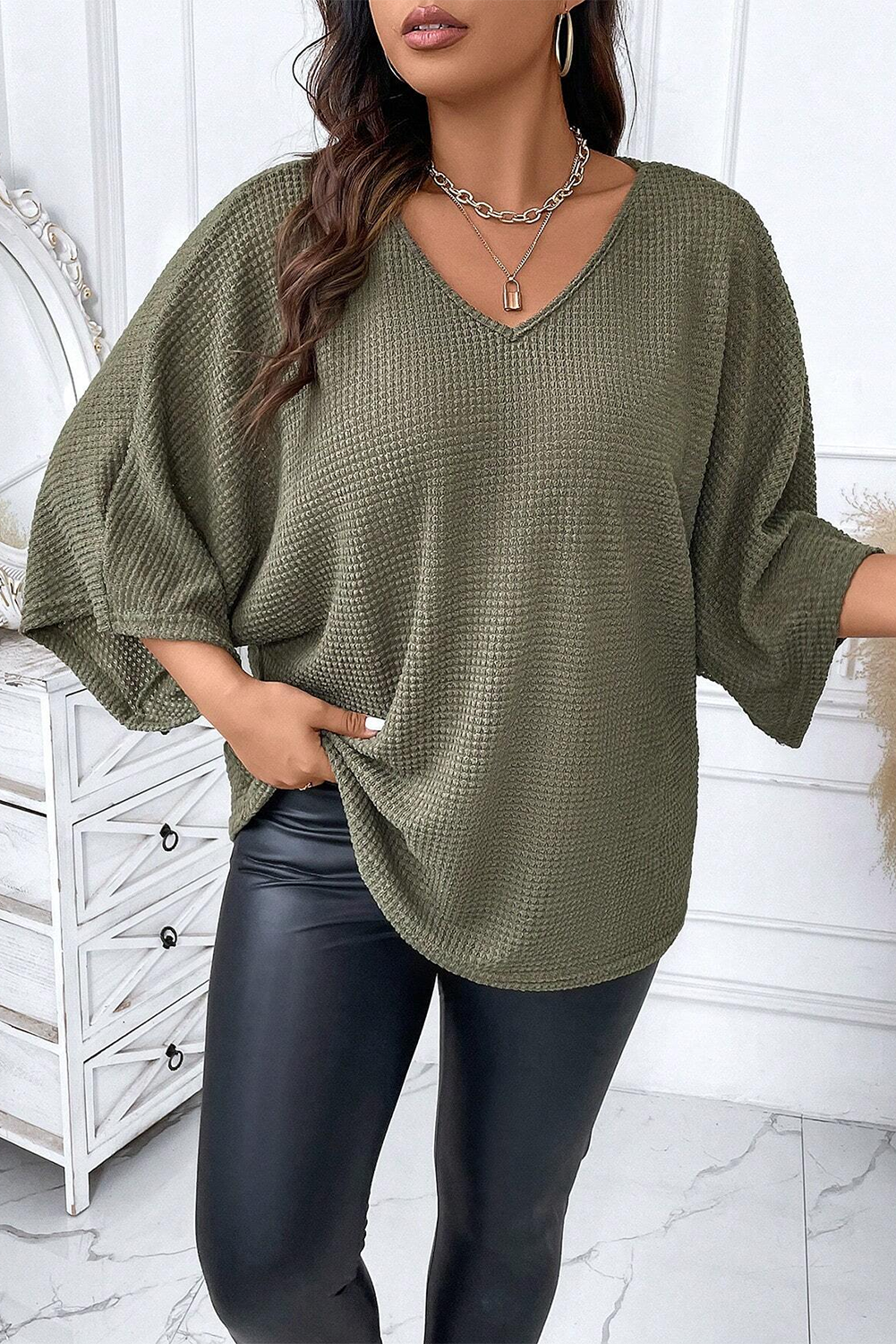 Jungle Green Plus Size V Neck Textured Knit Dolman Top