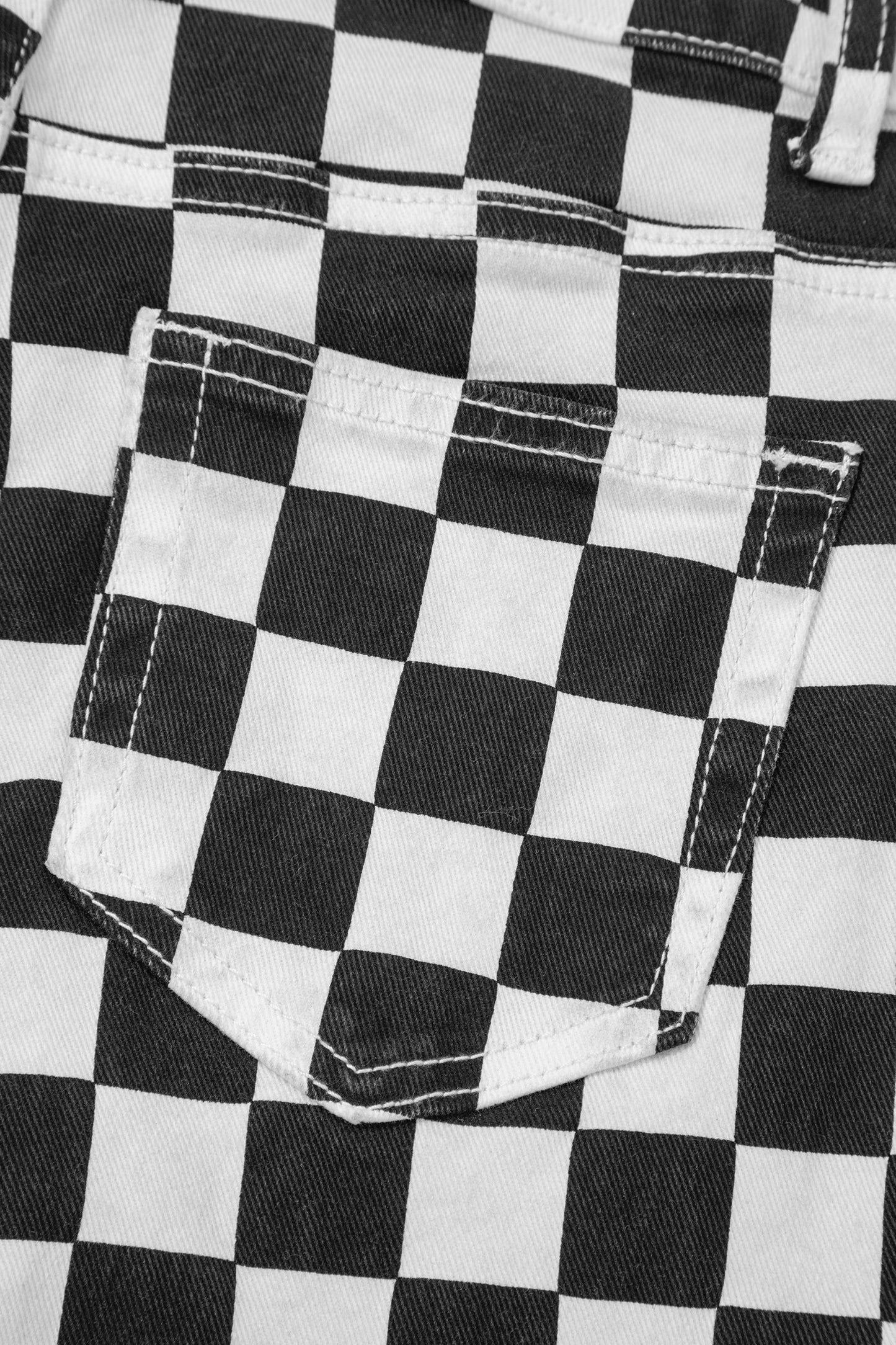 Black Checkerboard Print Distressed Holes Raw Edge Cropped Jeans