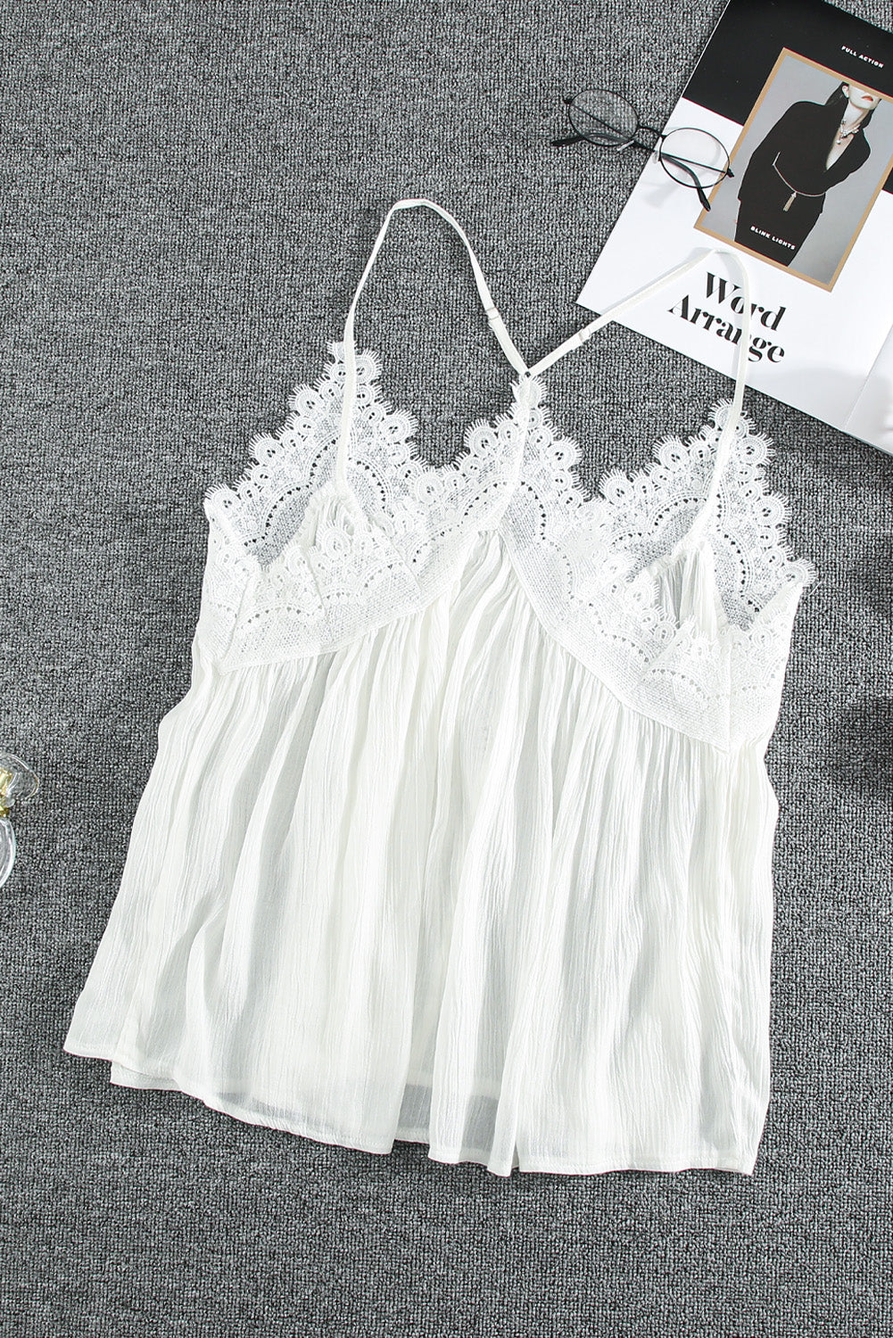 White Lace Splicing Ruffled V Neck Cami Top