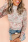 Brown Floral Long Sleeve High Neck Sheath Mesh Blouse