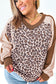 Parchment Leopard Colorblock Patchwork Twist Ribbed Plus Size V Neck Baggy Pullover