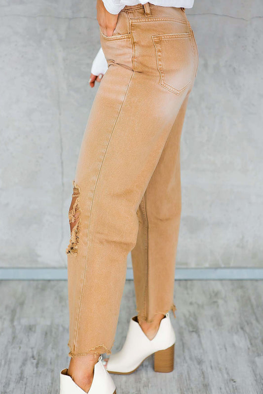 Brown Distressed High Waist Cropped Flare Jeans