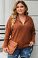 Brown Solid Ribbed Trim Plus Size Zip Collar Sweater