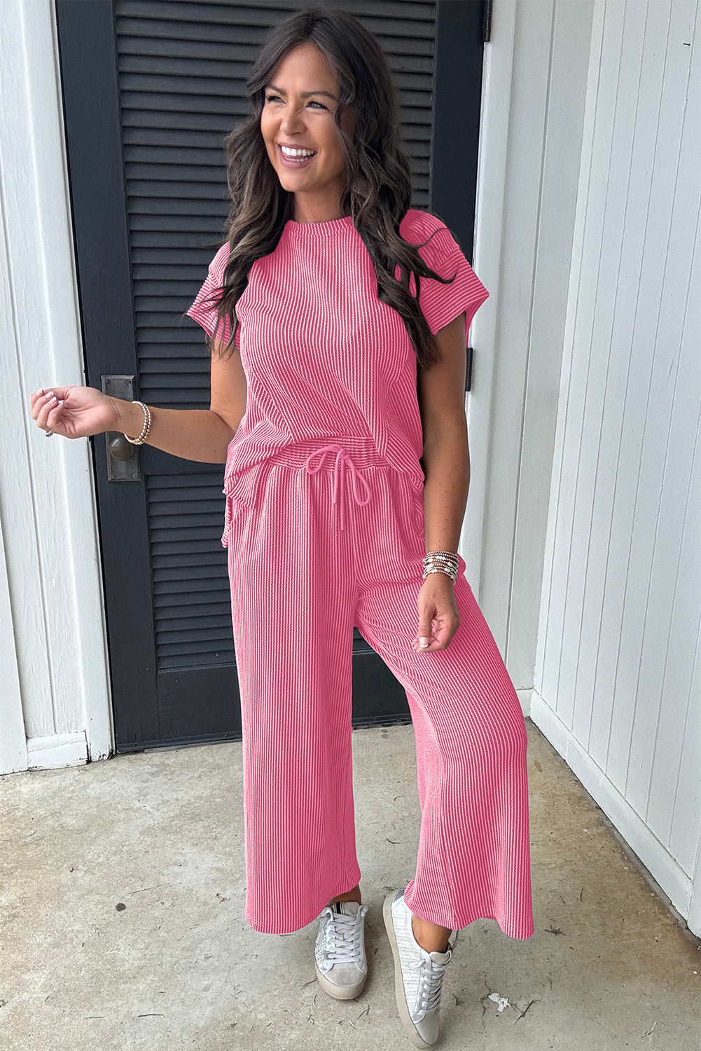 Smoke Gray Solid Corded Knit Short Sleeve T Shirt and Wide Leg Pants Set