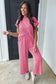 Smoke Gray Solid Corded Knit Short Sleeve T Shirt and Wide Leg Pants Set