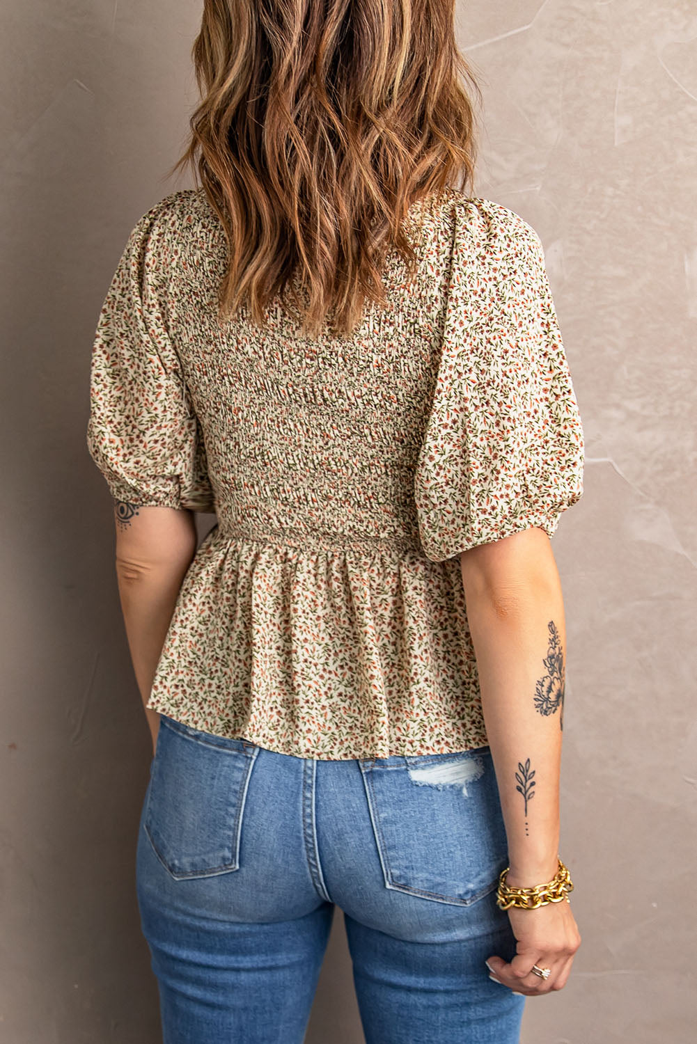 Floral Print Puff Sleeve Smocked Top