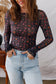Black Floral Print Smocked Cuff Slim Fit Mesh Bodysuit