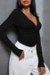 Orange Textured Twist Front V Neck Long Sleeve Slim Solid Color Top
