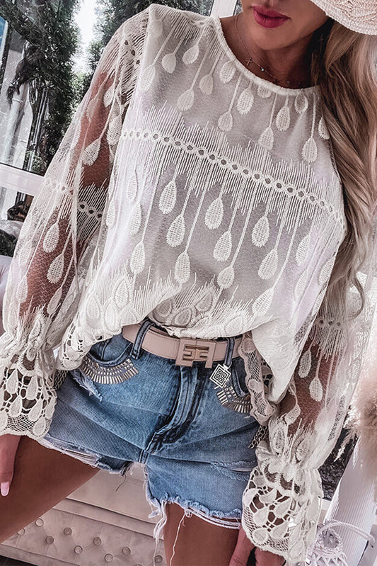 Beige Embroidered Mesh Flounce Sleeve Blouse