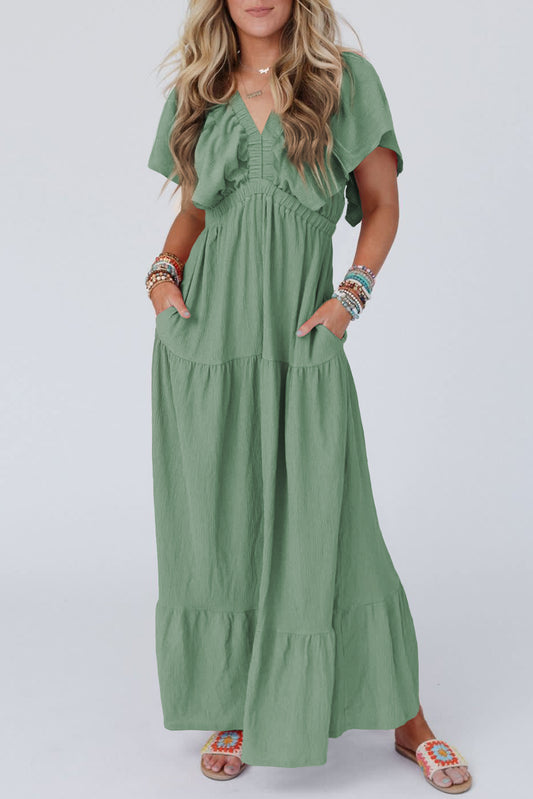 Textured V Neck Flutter Sleeve Ruffled Maxi Dress