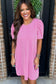 Parchment Corded Knit Crew Neck Puff Sleeve Shift Mini Dress