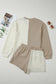 Khaki Color Block Patchwork Textured Long Sleeve Top 2pcs Short Set