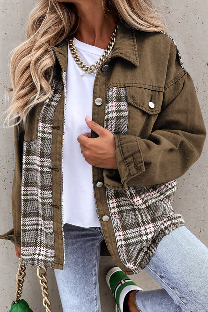 Brown Plaid Patchwork Pockets Denim Jacket