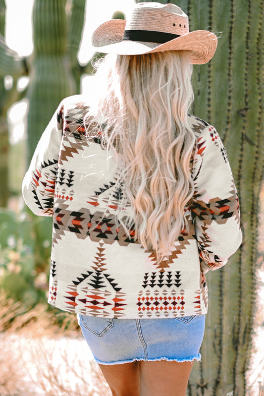 Beige Aztec Printed Stand Neck Zip Up Jacket