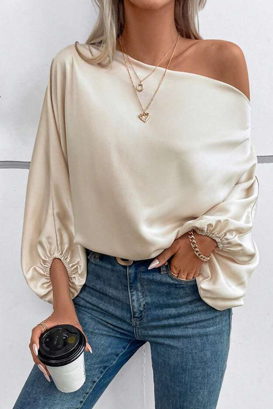 Asymmetrical Neck Balloon Sleeve Satin Blouse