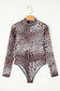 Brown Leopard Smocked Neck Mesh Long Sleeve Bodysuit