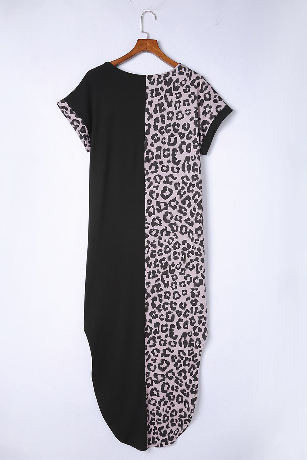 Black Contrast Leopard Short Sleeve T-shirt Dress with Slits