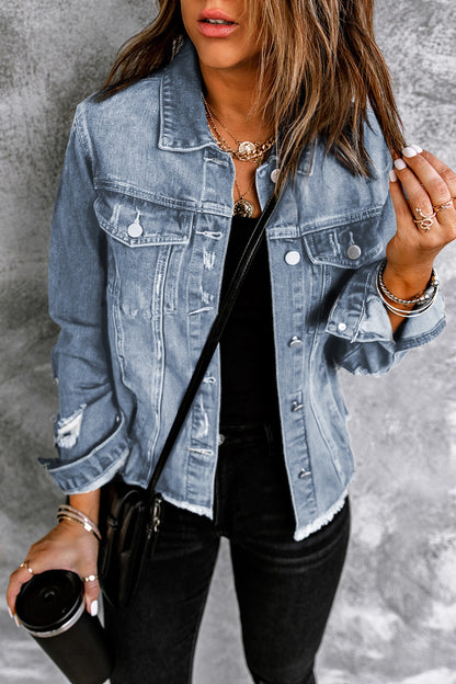 Sky Blue Lapel Distressed Raw Hem Denim Jacket