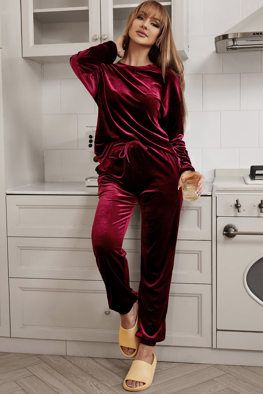 Red Solid Velvet Two Piece Lounge Set