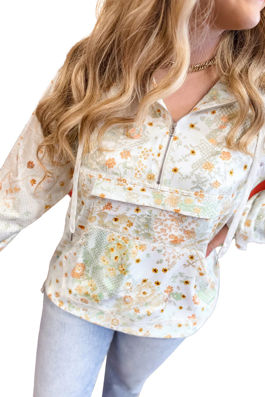 Yellow Floral Print Half Zip Hooded Long Sleeve Top