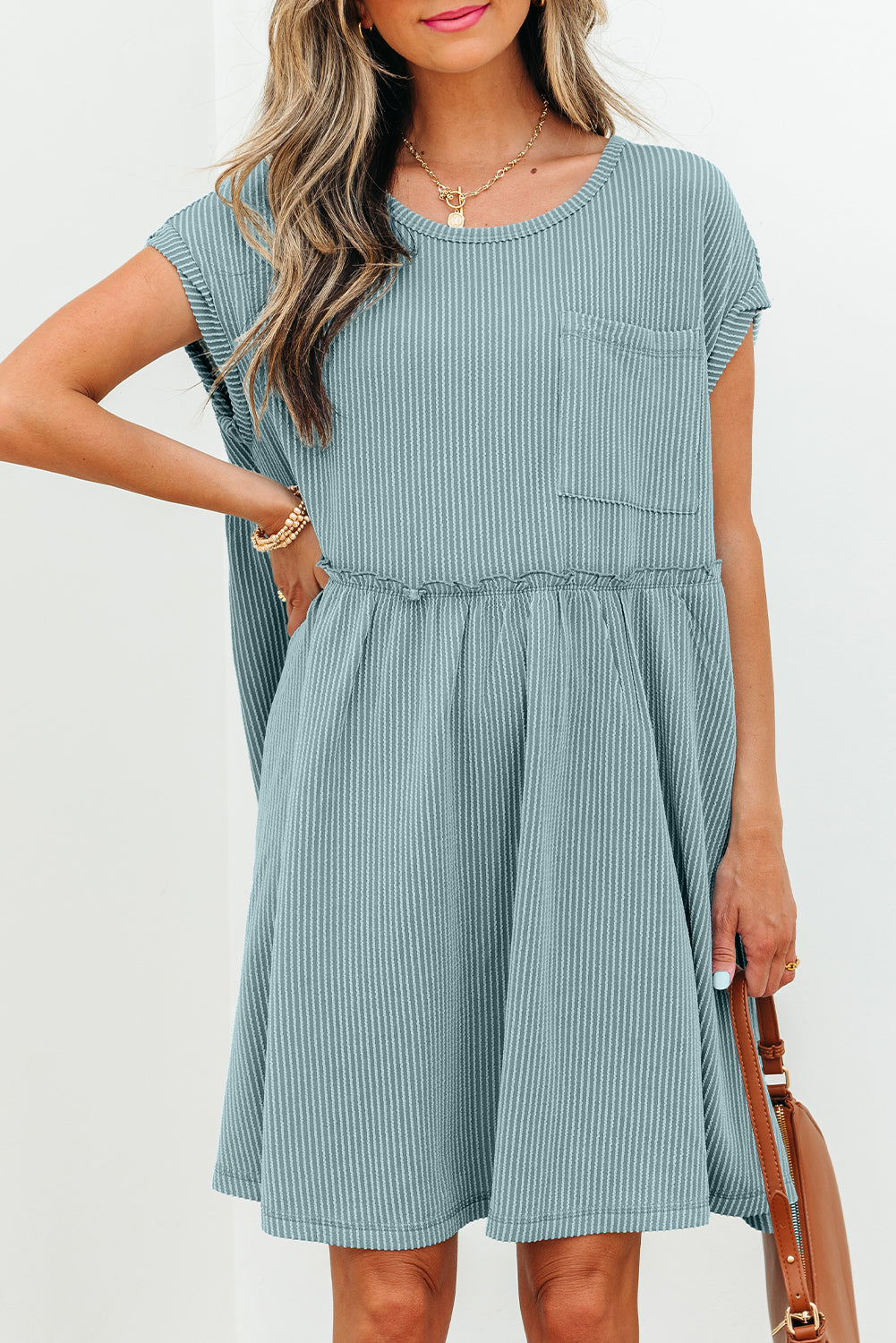 Dusty Pink Corded Knit Textured Patched Pocket Frilled Swing Mini Dress with Pockets