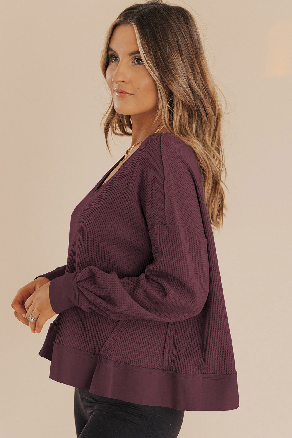 Black Waffle Knit Notched V Neck Drop Shoulder Solid Sweatshirt