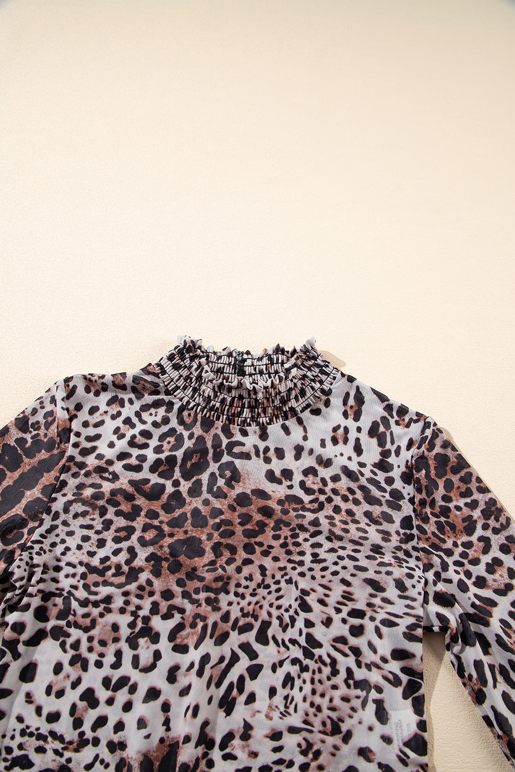 Brown Leopard Smocked Neck Mesh Long Sleeve Bodysuit