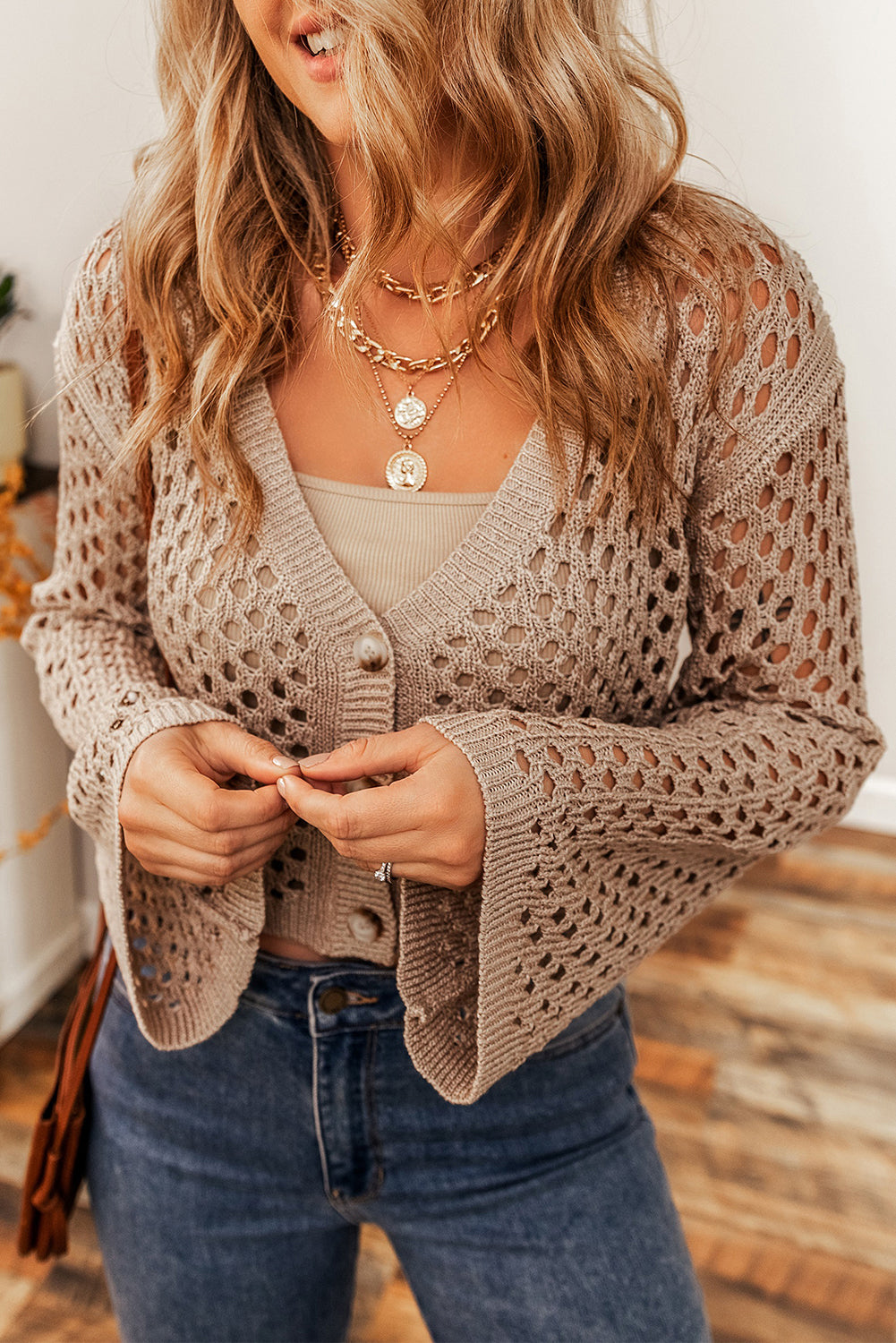 Smoke Gray Pointelle Knit V Neck Button Up Crop Cardigan