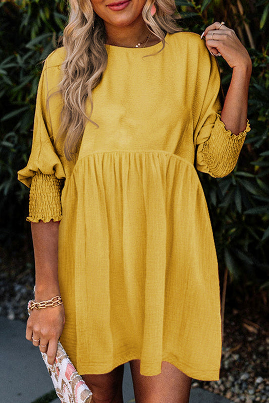 Yellow Shirred Cuffs Short Swing Dress