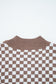 Dark Brown Half Button Ribbed Trim Checkerboard Knit Sweater