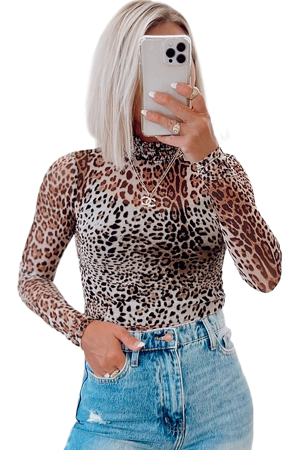 Brown Leopard Smocked Neck Mesh Long Sleeve Bodysuit