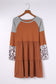 Brown Waffle Knit Leopard Patchwork Long Sleeve Dress