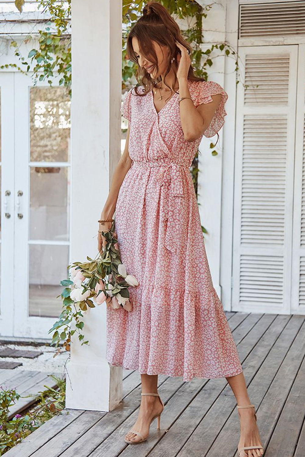 Pink Leopard Surplice Ruffled Sleeve Tiered Long Dress