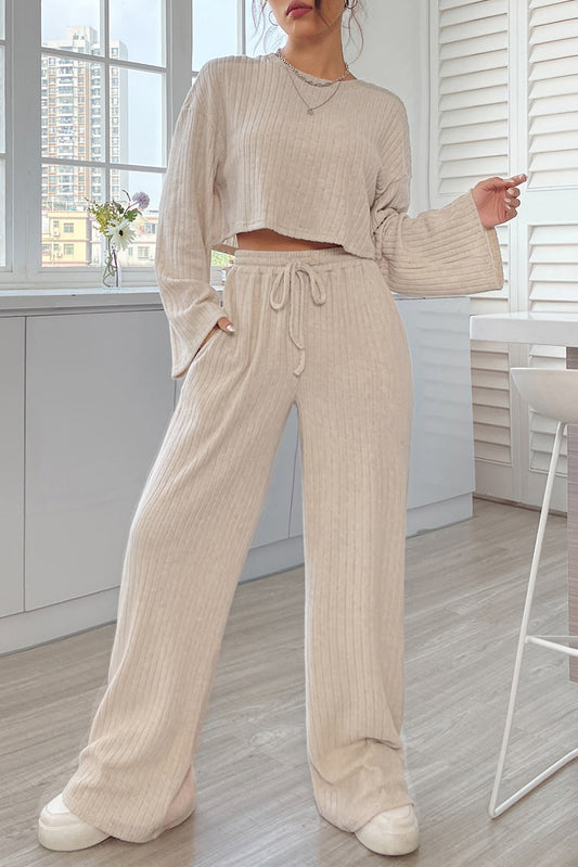 Ribbed Knit Bell Sleeve Khaki Crop Top Drawstring Pants Set