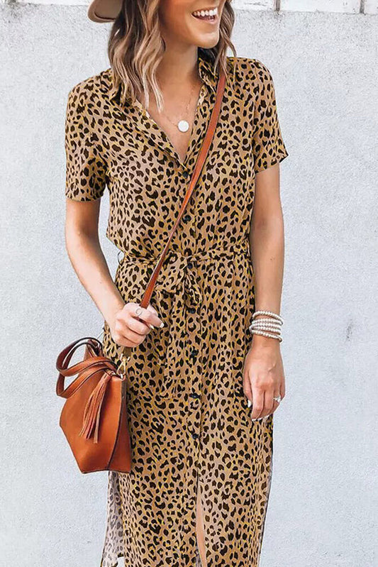 Turn-Down Collar Khaki Leopard Midi Dress