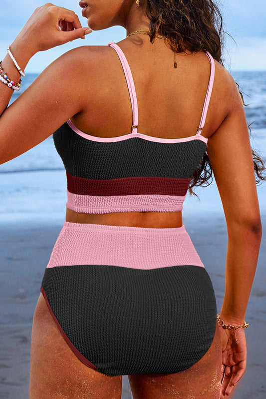 Burgundy Color Block High Waisted Sexy Bikini Set