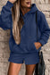 Navy Blue Button Drawstring Hooded Pullover and Casual Short Set