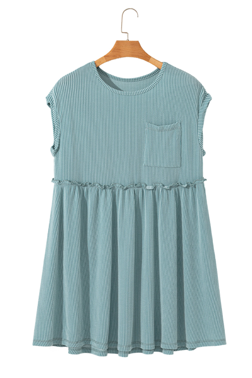 Dusty Pink Corded Knit Textured Patched Pocket Frilled Swing Mini Dress with Pockets