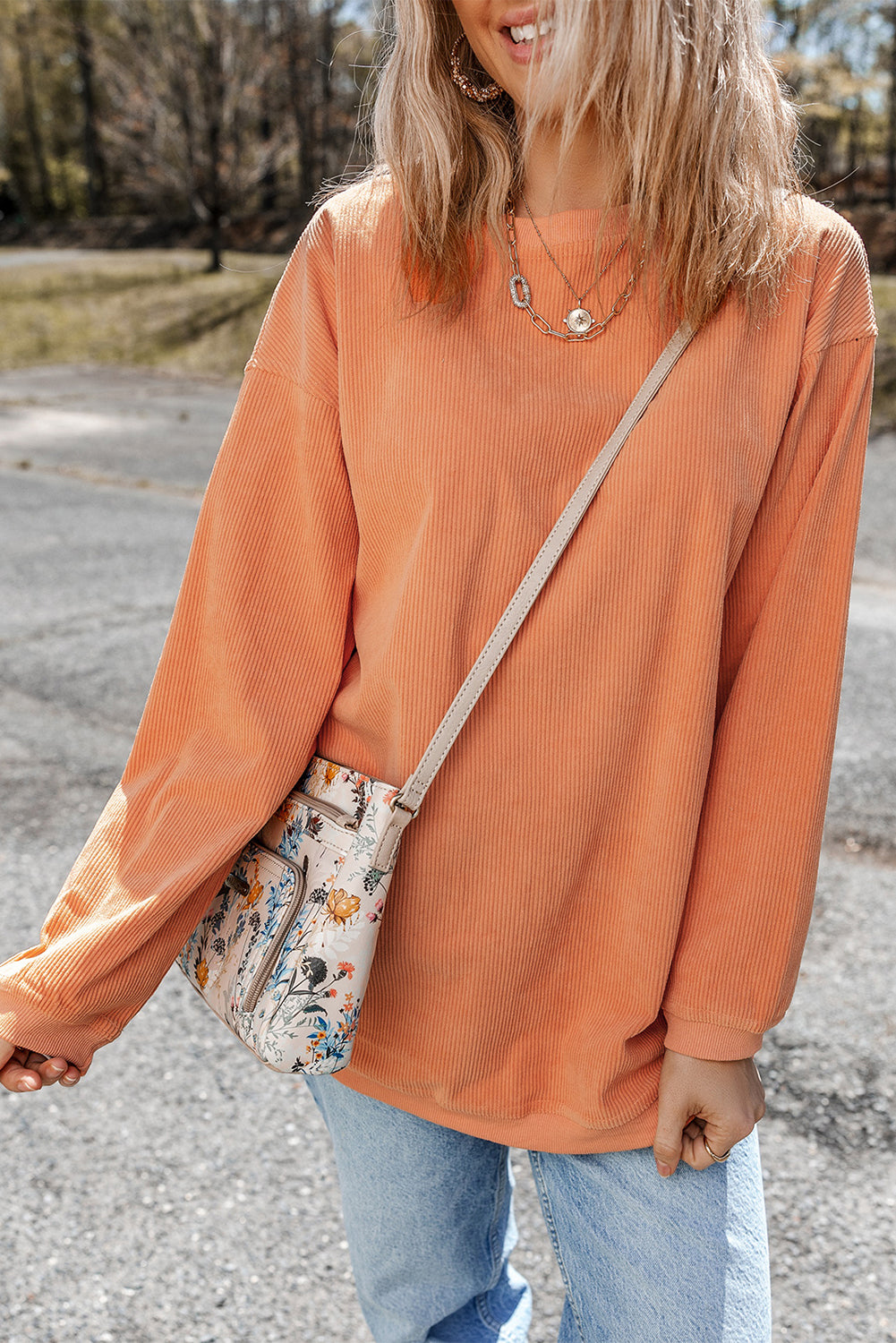 Orange Ribbed Corded Oversized Sweatshirt