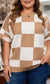 Light French Beige Plus Size Checkered Pattern Knit Short Sleeve Sweater