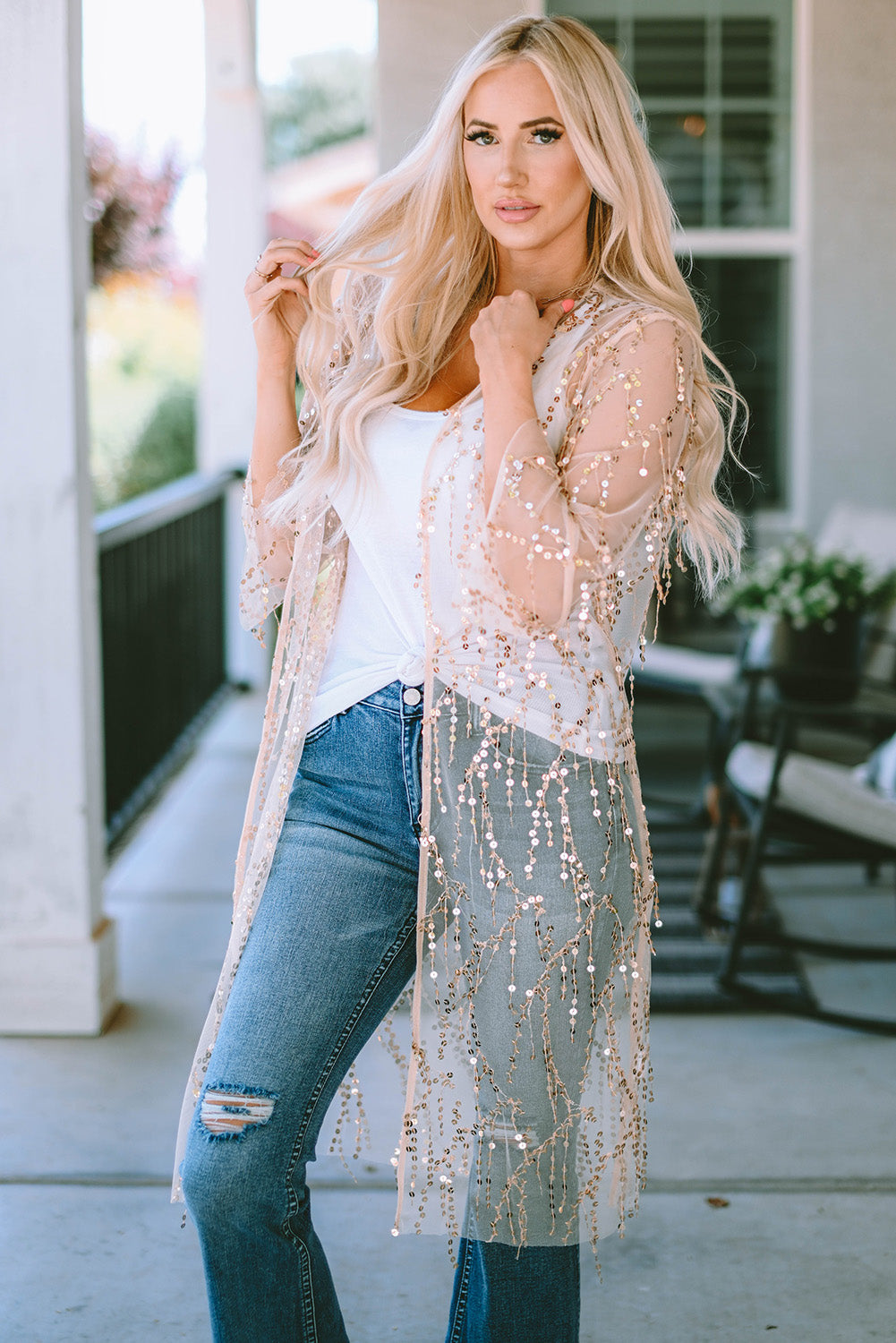 White Sequin Sheer Long Sleeve Open Front Kimono