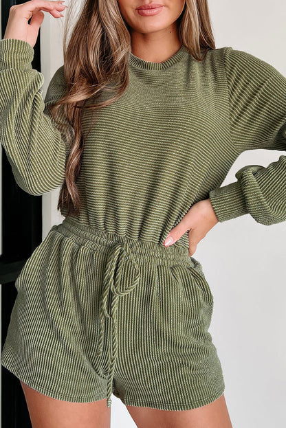 Jungle Green Corded Long Sleeve Drawstring Romper